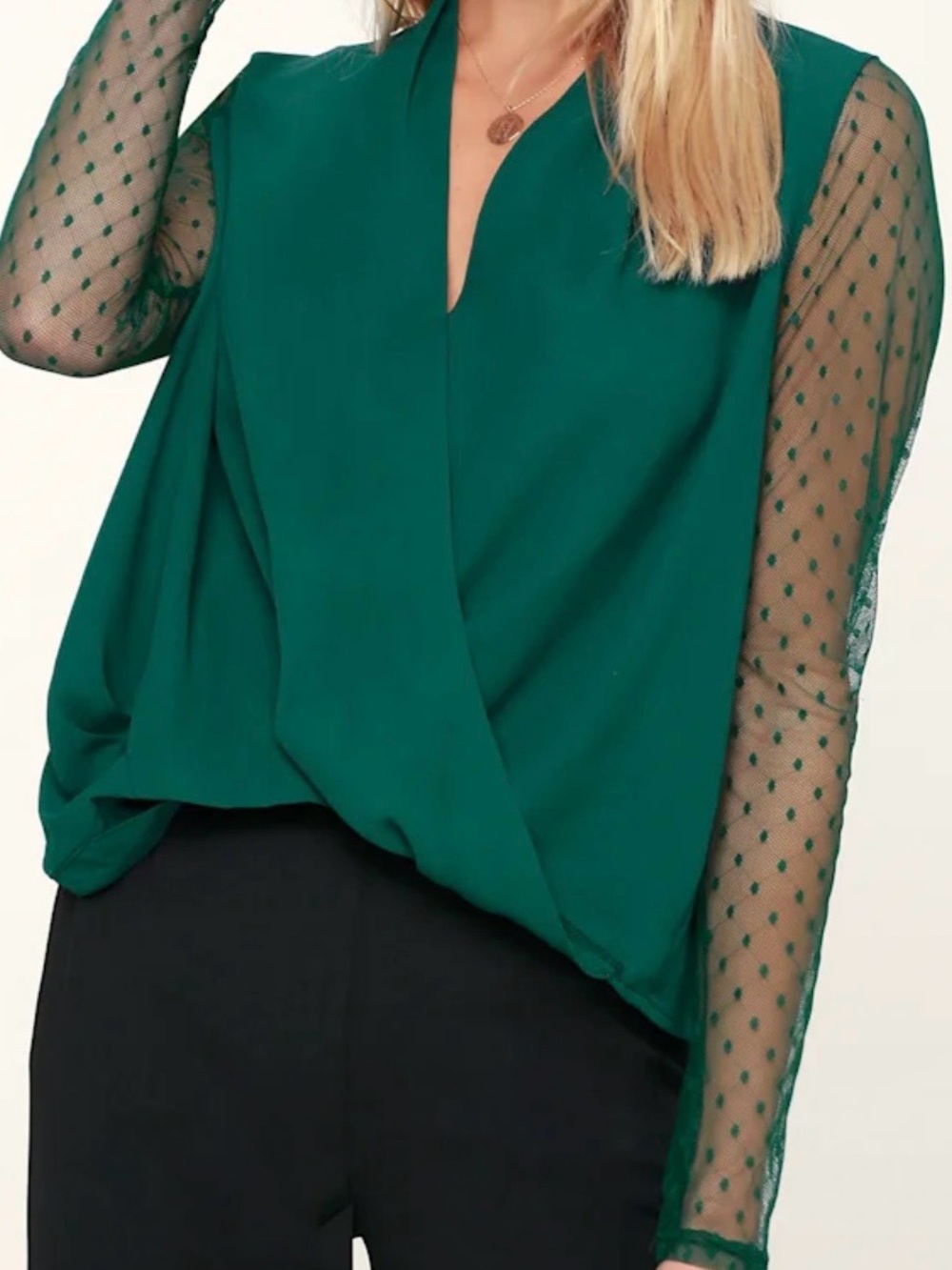 Lulus Fernet Forest Green Swiss Dot Long Sleeve Top Size Large